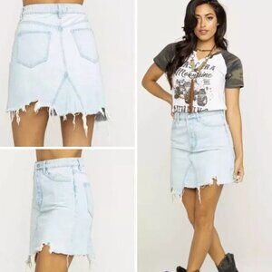 We the Free Going Rogue Tidal Wave Light Blue Denim Jean Uneven Hem Skirt, 27